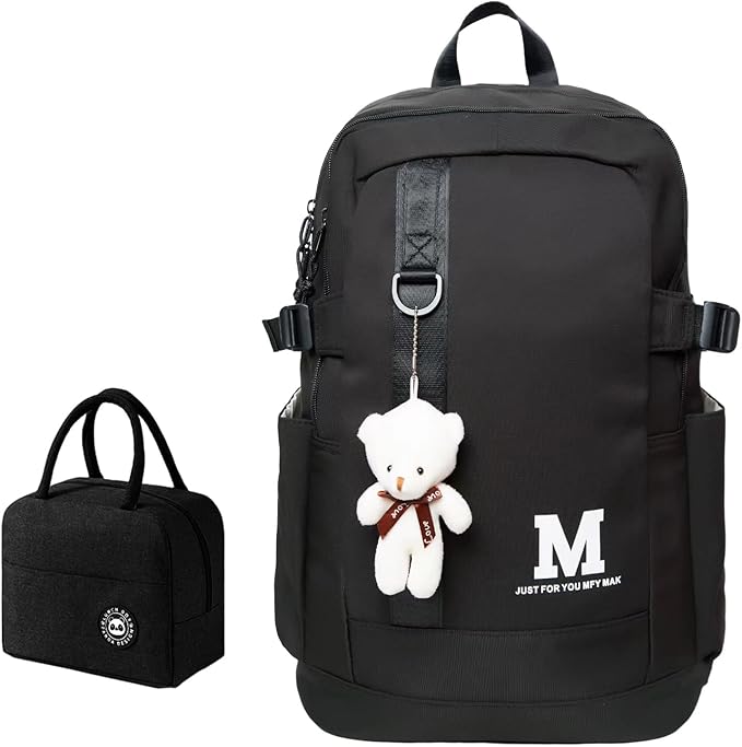 Boys and Girls Insulated Lunch Bag Set Backpack, Youth School Backpack, Children's Backpack, Laptop Backpack (Black)