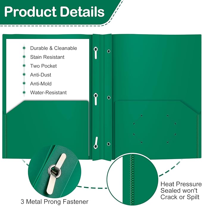 Heavy Duty Plastic Folder, 60 Pack, Pocket Folder with brads, Letter Size Poly File, Plastic Folders with 3 Prongs Fasteners - Green