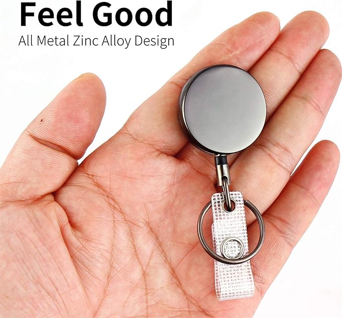 Will Well ID Badge Holder Reel with Clip and Keyring - Heavy-Duty All-Metal Casing with 24.4" UHMWPE Fiber Pull Cord for Easy Access, Holds up to 8 Keys - 2-Pack, Small Round, Glossy Black