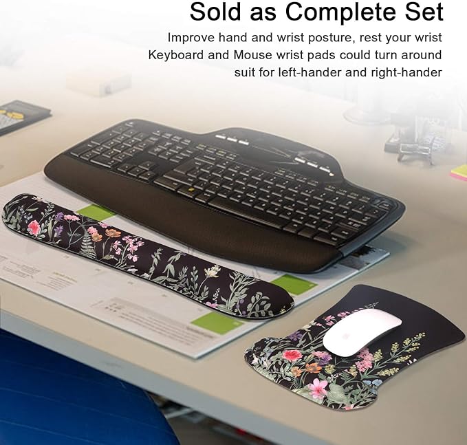 iCasso Mouse Pad and Keyboard Wrist Rest, Wrist Rest for Computer Keyboard, Made of Memory Foam with Wrist Support, Easy Typing and Relieve Wrist Pain Keyboard Pad for Computer, Office (B-Weeds)