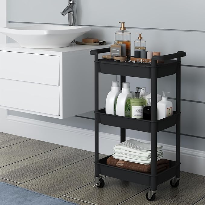 3-Tier Utility Rolling Cart with Cover Top Board, Mobile Utility Cart with Lockable Casters Multi-Functional Storage Trolley for Office, Bathroom, Kitchen, Garden, Laundry Room (Black)