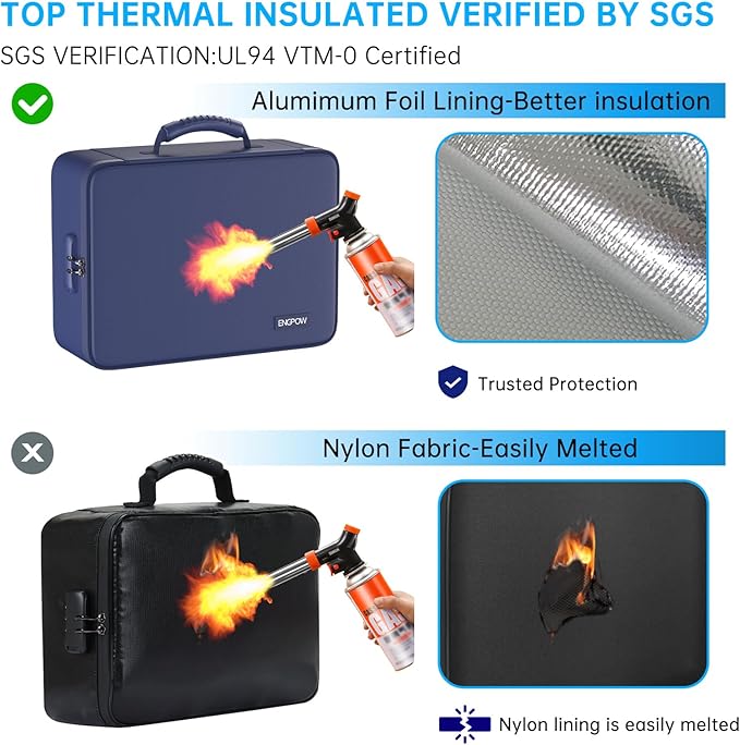 ENGPOW 5200℉ Fireproof File Organizer Bag with 13 Pocket Accordion File Folder,Document Organizer Box with Lock&Labels,Multi-Layer Portable Home Travel Safe Storage Box for Important Documents,Blue