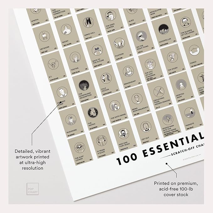 Pop Chart | 100 Essential Movies Scratch-Off Chart | 12" x 16" Scratch-Off Poster | Original Bucket List Poster of Must-See Movies | Featured in Wirecutter and on Huckberry