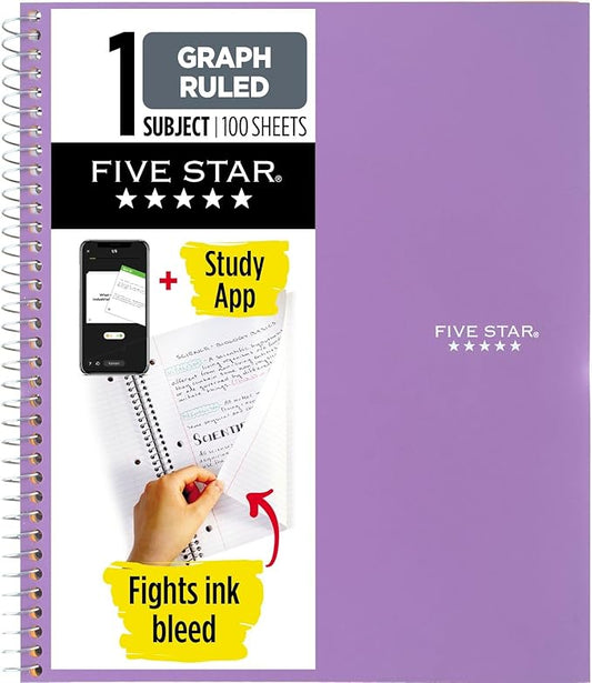 Five Star Spiral Notebook + Study App, 1 Subject, Graph Ruled Paper, Fights Ink Bleed, Water Resistant Cover, 8-1/2" x 11", 100 Sheets, Amethyst Purple (620000CF1)