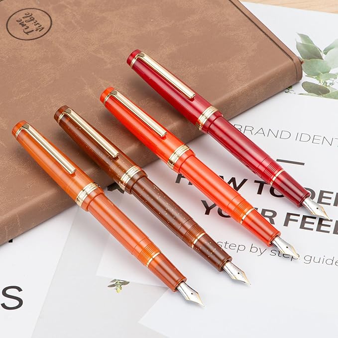 Jinhao 82 Acrylic Fountain Pen, Iridium Medium Nib with Ink Converter, Transparent Coffee Fluorescent Classic Design Smooth Writing Pen (Gold Trim)