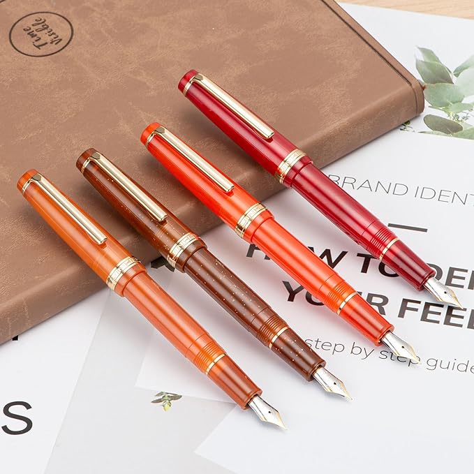 Jinhao 82 Acrylic Fountain Pen, Iridium Fine Nib with Ink Converter, Transparent Coffee Fluorescent Classic Design Smooth Writing Pen (Gold Trim)