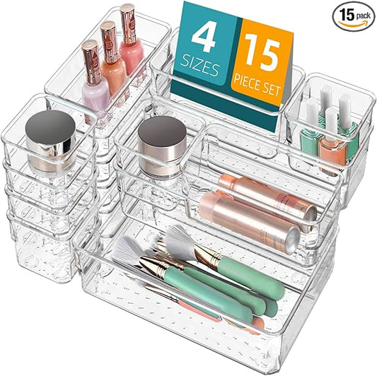 Drawer Organizer, Makeup Organizer, Desk Drawer Organizer, Acrylic Storage Bins for Makeup, Skincare, Jewelry, Office Supplies Used in Vanity, Kitchen, Bedroom, Bathroom, Office - 15pcs