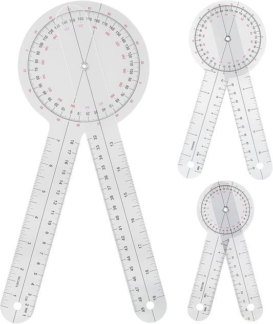 Goniometer Set 3 Pieces of 6/8/12 Inch Occupational Physical Therapy Protractor Tool Measurement Angle Ruler Kit Plastic 360 Degree Universal (3pc)