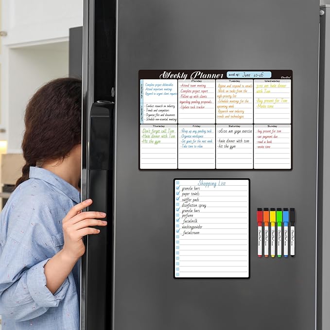 Magnetic Dry Erase Weekly Calendar - 8.5"x13" Weekly Calendar for Fridge - 6.5"x8.5" List Board and 6 Extra Fine Point Markers Included - Shipped Flat