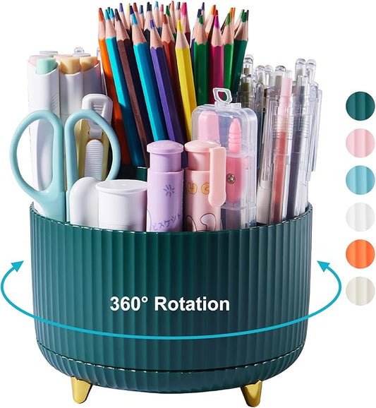 360 Degree Rotatable Pen Holder, 5 Slots Office Desk Organizer, Pencil Holder for Desk Multi-Functional Pencil Cup Desktop Stationary Organizer Storage for Office School Home Dark Green