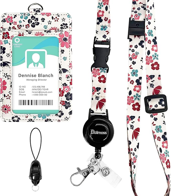 bolimoss ID Badge Holder with Adjustable Lanyard and Retractable Reel, Cute Flower Leather Card Name Tag Lanyard Vertical ID Protector Bage Clips for Nurse Doctor Teacher Student