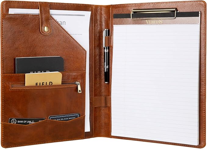 Genuine Leather Portfolio for Men, Leather Clipboard Custom Portfolio, Personalized Leather Binder, Legal Pad Portfolio Organizer Christmas Gift for His/Her (Clipboard, Shiny Brown-Standard)