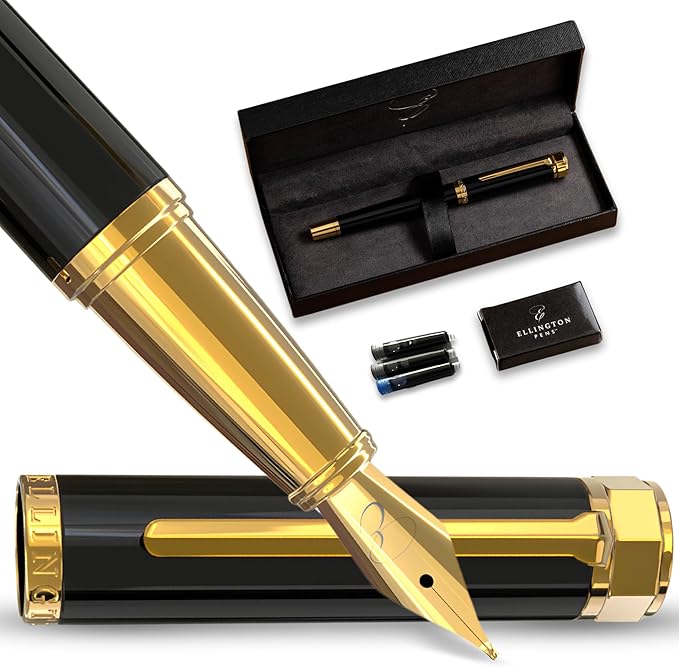 Luxury Fountain Pen Set- Fountain Pens for Writing - Smooth Fine Nib - Includes Refillable Ink Converter, 3 Ink Cartridges [Black & Blue], Gift Box - Elegant Calligraphy