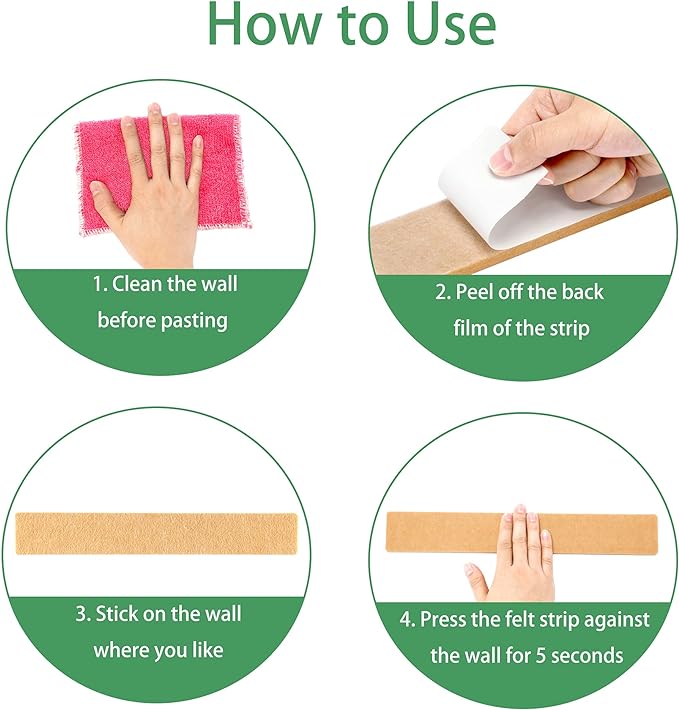 Cork Board for Walls - 8 Pack Felt Pin Board Bar Strips - Self-Adhesive Lightweight Bulletin Board - Black Cork Board for Office with 40 Push Pins No Damage for Wall