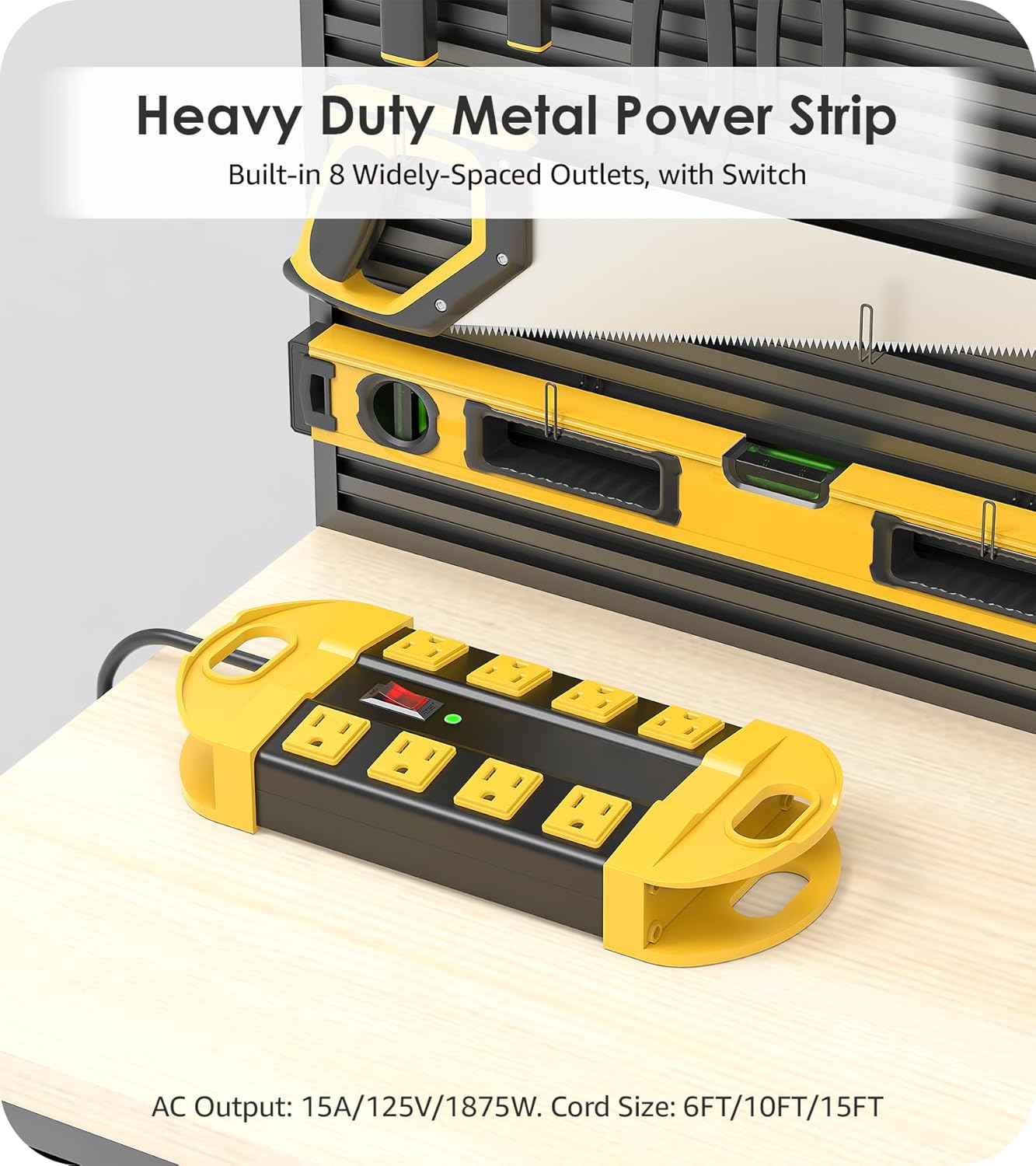 CCCEI Heavy Duty Power Strip Surge Protector, Metal 8 Outlets Power Strip for Appliance. Garage Shop Industrial Workbench 15 AMP Outlets Strip. 15FT Extension Cord, Yellow