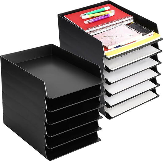 Wenqik 12 Pcs Stackable Paper Trays Rectangular Plastic Desk Tray Holder Desktop Document File Paper Organizer Plastic Storage Letter Tray for Office Classroom, Black