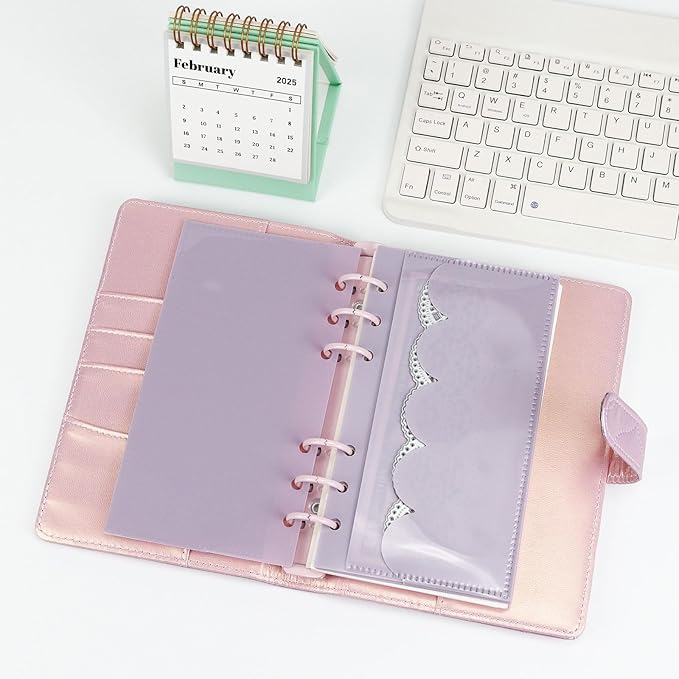 A6 Binder Pockets with No Zipper, Koqye Blue 10 Pcs Plastic Zipless Budget Envelopes, Two Pockets Frosted Cash Envelopes Money Bag for Budgeting, Cash Stuffing (Purple Petals-2set)