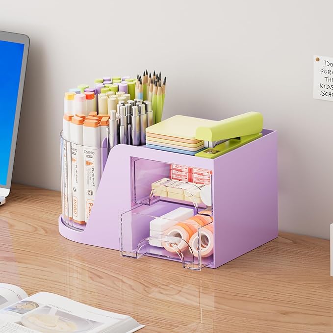 Marbrasse Desk Organizer with 2 Drawer, 360 Rotating Pen Holder, 6 Slots Pencil Organizer + 2 Drawer, Art Supply Storage Box Caddy for Office (Purple)