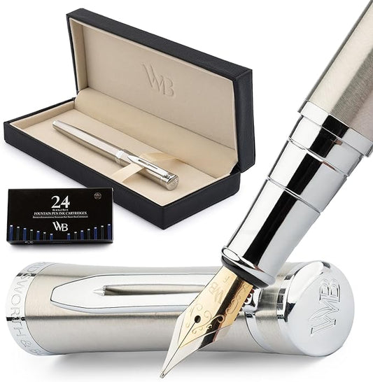 Wordsworth & Black Fountain Pen Set, Fine Nib, Includes 24 Pack Ink Cartridges, Ink Refill Converter & Gift Box, Chrome Finish Finish, Calligraphy, [Silver Chrome], Perfect for Men & Women