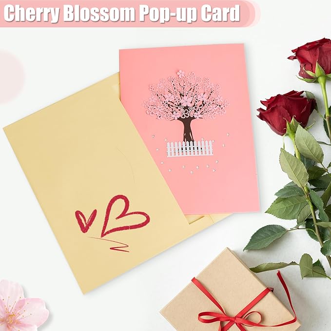 Wanateber 3D Pop Up Aniversary Card with Cherry Tree, Pop Up Lovers Wedding Card, Birthday Cards for Wife, Husband, Lovers, Couple, Romantic Valentines Day Cards, Greeting Cards for Mothers Day
