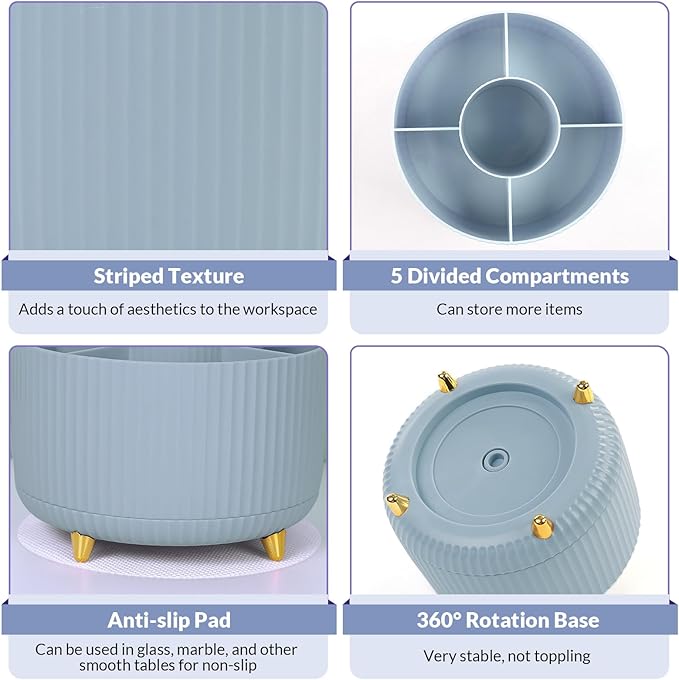 SKYDUE 360 Degree Rotating Desk Organizer, Dual-Purpose Pencil Pen Holder with 5 Slots, Pencil Cup for Office, School, Home (Airy Blue)