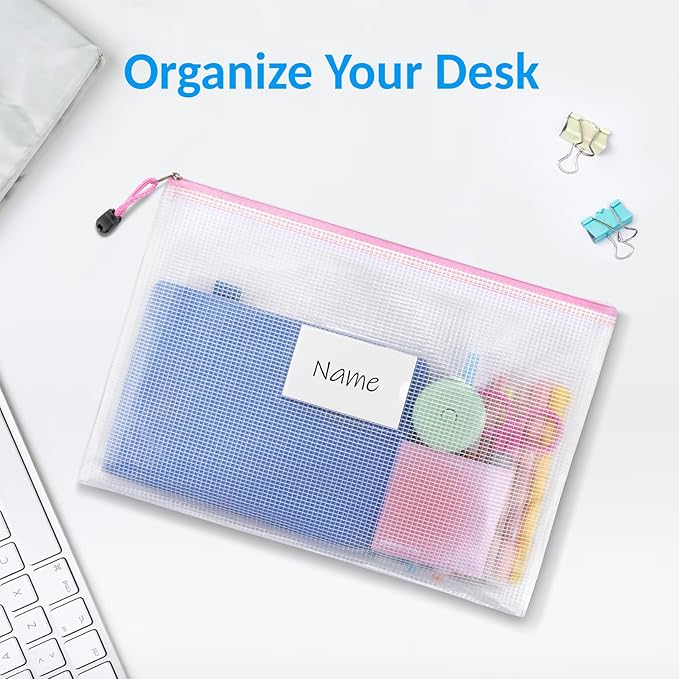 Sooez 14 Pack Mesh Zipper Pouch Bags, A4 Letter Size, Zipper Bags with Label Pocket, Waterproof Zipper Pouches for Classroom Organization, Board Game Storage, Document Bag for Office School Supplies