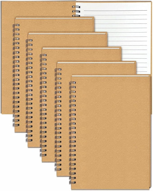 GINMLYDA 6Pack Small Spiral Notebook A5, 8.25x5.5” 120 Lined Pages Wide Ruled Spiral Journal Bulk Blank Kraft Cover Spiral Bound Notebook & Writing Pads for Home Office Meeting Work Note Taking