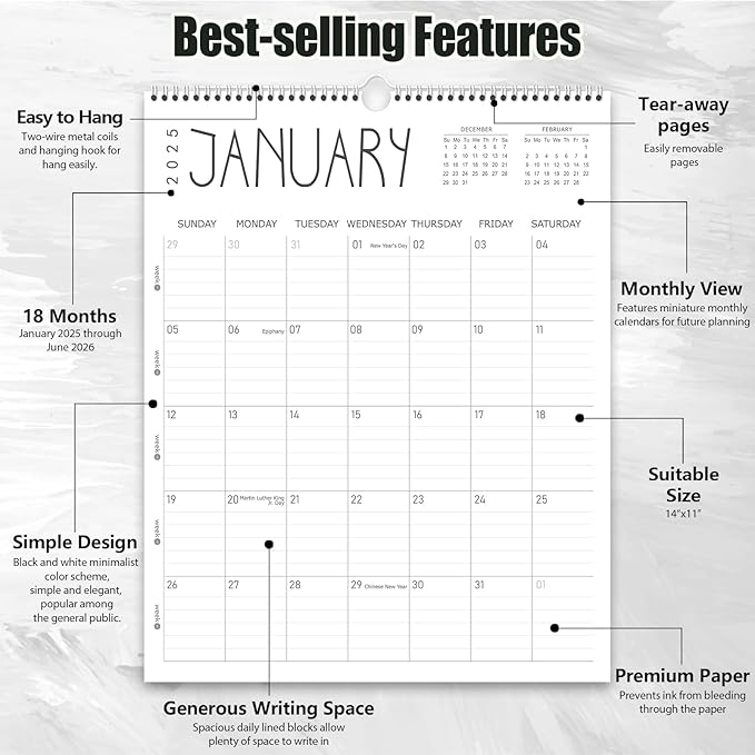 Guasslee Wall Calendar 2025, 11.5" X 14" Vertical Wall Calendar 2025, 18-Month Desk/Wall Calendar Runs From 2025 Jan - 2026 Jun, Monthly Hanging Planner Spiral Bound For School Home Office Organizing