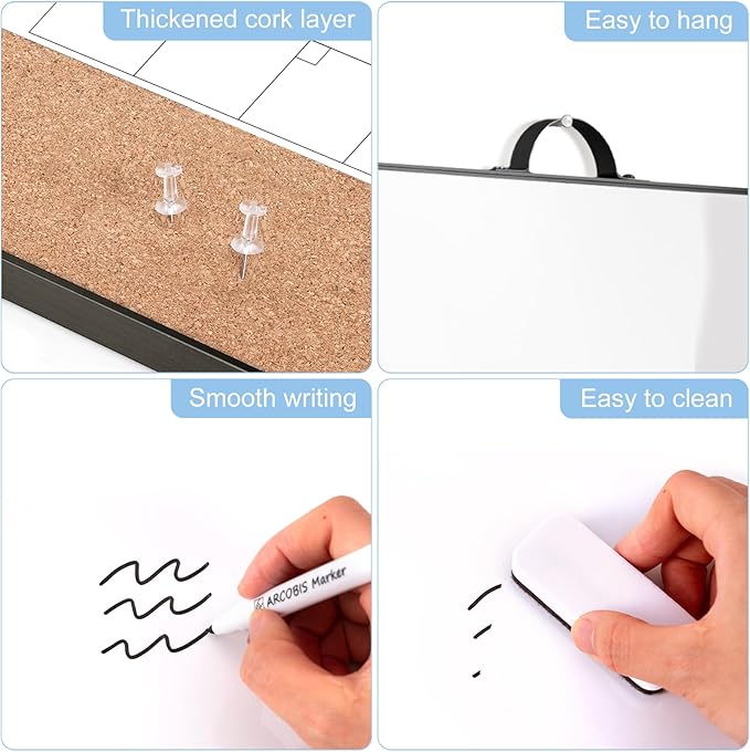 ARCOBIS Monthly Calendar Whiteboard Dry Erase Cork Board Combination for Wall, 12"x16" Magnetic Dry Erase Board, Double-Sided White Board, Portable Board for Planning, Office, School, Home, Black