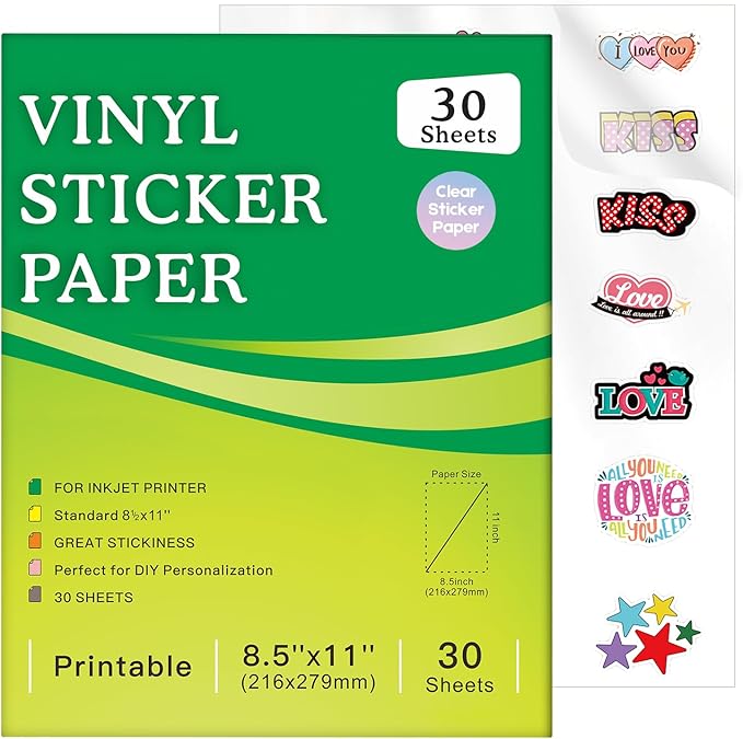 30 Sheets Printable Clear Sticker Paper for Inkjet Printer, Premium Vinyl Transparent Sticker Paper Waterproof, Dries Quickly, Vivid Colors, Tear Resistant, 8.5x11" Labels Great for Cutting Machines