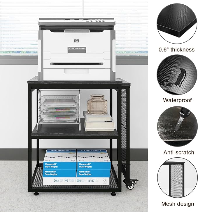 Natwind Large Printer Stand with Storage Shelves,Extendable Home Craft Table,Home Office Organization Desk, Versatile Table Space Saving for Office, Kitchen, Study Room, Living Room (Black)