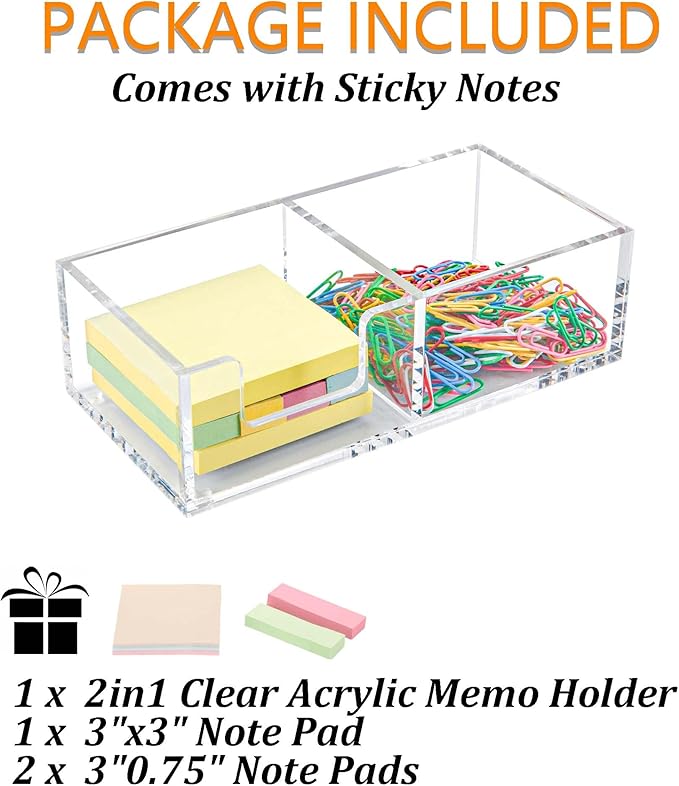 Acrylic 2in1 Sticky Note Holder A Versatile Desk Organization Solution for Office Home School Post Bank Dispenser for 3"x3" Memo (DP002)