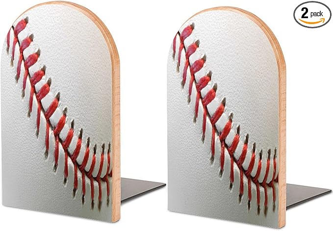 2 Pack Wood Bookends, Sport Ball Baseball Lace Non-Skid Book Ends for Heave Books, Decorative Bookends for Shelves Desk, Book Stoppers Book Holders for Home Office Library School
