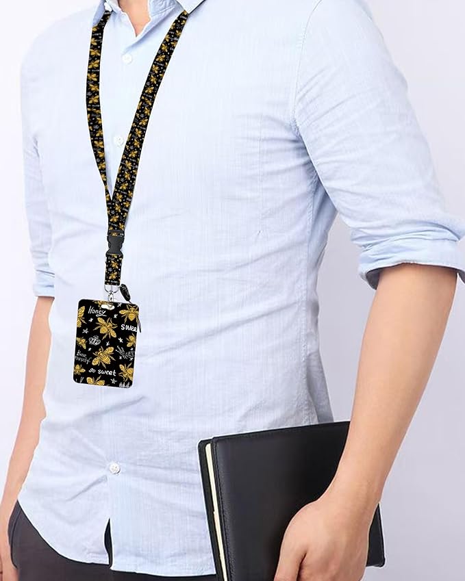 ID Badge Holder with Retractable Lanyard and Keychain, Badge Reel with Rotate Carabiner Clip,Honey Bee Card Name Tag Lanyard ID Protector Bage Clips for Student, Women, Office