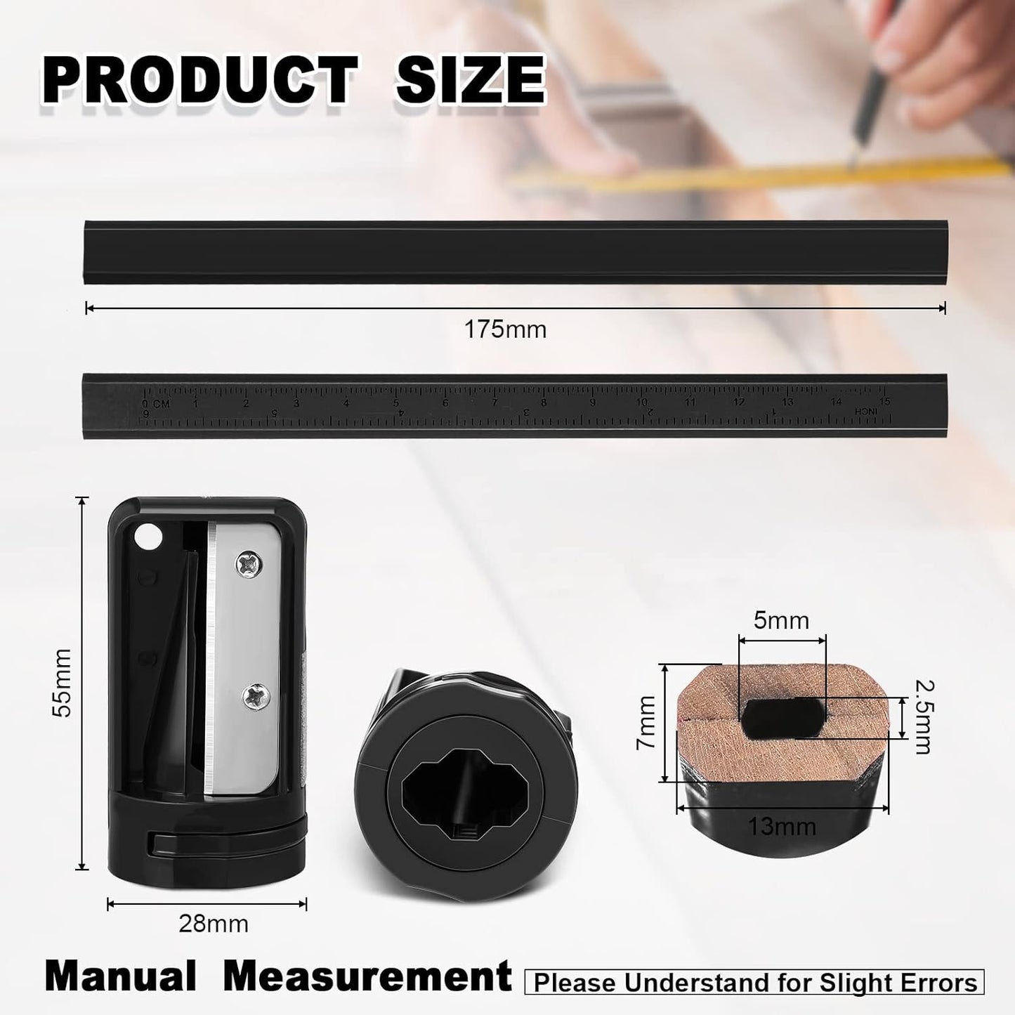 Honoson 200 Pcs Flat Construction Pencils with Printed Ruler Wood Graphite 2 Pcs Carpenter Pencil Sharpener for Woodworking Marking Tool(Black)