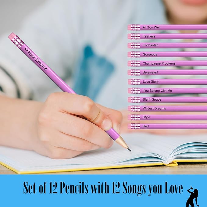 GIFTSFARM Taylor 12 Iconic Hits Pencil Set, Pink Gift Merch for Music Lovers, Gifts for Birthday Girls, Pink Pencils