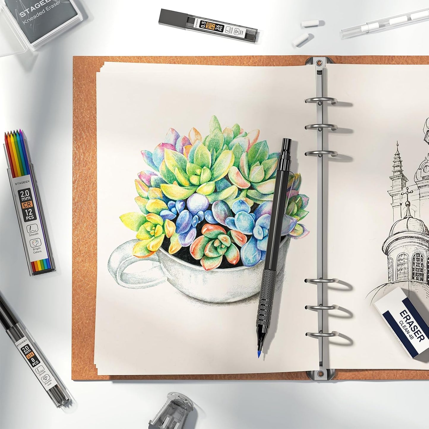 35PCS Black Art Mechanical Pencil Set in Case，0.5 0.7 0.9 2.0 Graphite Metal Drawing Drafting Pencils, Sharpener Erasers 384PCS Lead Refills (6B 4B 2B HB 2H 4H Colors) for Writing Sketching