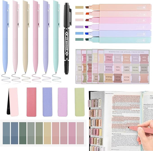 Bible Journaling Kit, Include 6 Bible Highlighters and 6 Pens No Bleed, 90 Laminated Bible Tabs, Magnetic Bookmarks, Sticky Notes, Bible Study Supplies Essentials Set for Women & Men