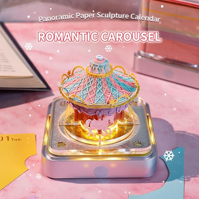 Time Piece Calendar,3D Art Calendar Memo Pad 2025 Creative Desk Calendar with Light,Carousel Rip Away Paper Carving 3D Memo Pad Art Notepad Christmas Gift