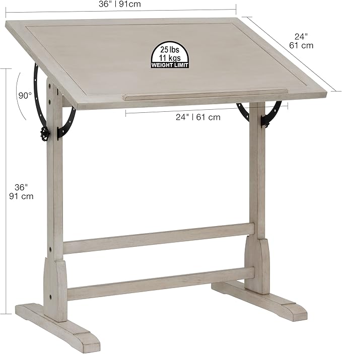 Studio Designs Vintage Drawing/Drafting Table with Pencil Ledge - 36" W x 24" D - Coastal Whitewash - Adjustable Tilting Top