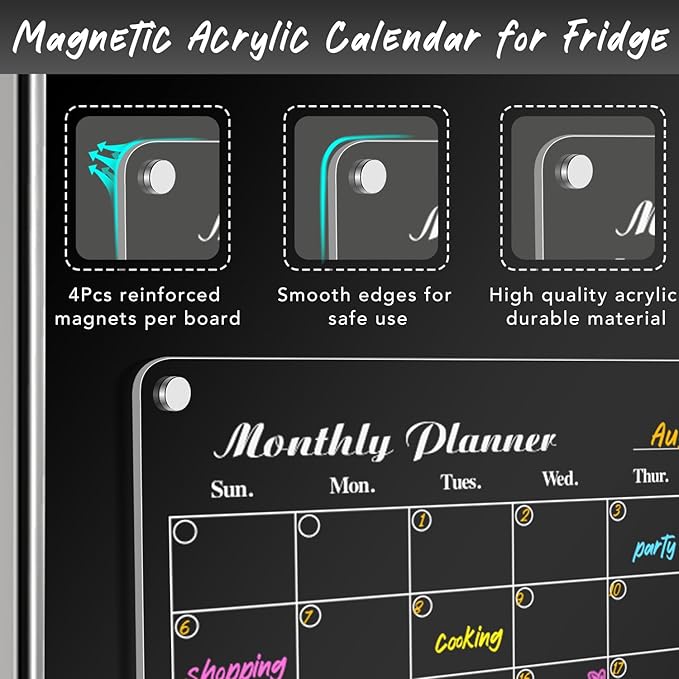 DIYMAG 3Pcs Acrylic Magnetic Dry Erase Calendar for Fridge, Clear Acrylic Calendar Planning Board Set Magnetic Weekly Monthly Planner Menu for Refrigerator with 6 Highlight Markers