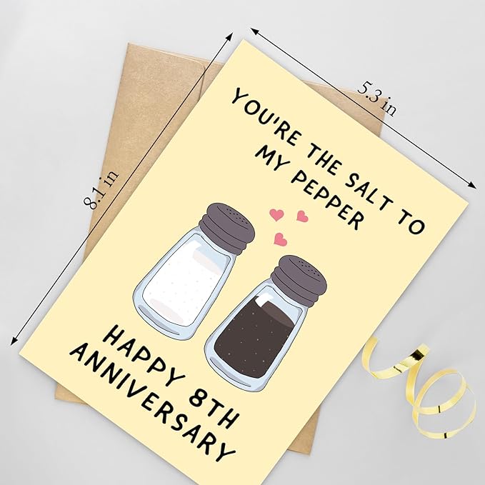 Funny 8 Years Anniversary Card for Husband Wife, Happy 8th Anniversary Card for Him Her, Hilarious Bronze Wedding Anniversary Card, You're the Salt to My Pepper