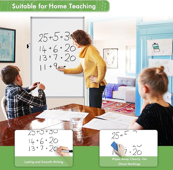 Mobile Whiteboard 32 x 48 inches Height Adjustable Dry Erase White Board, Standing Easel Whiteboard on Wheels, Double-Sided Magnetic Whiteboard with Stand for Office, Home, and Classroom