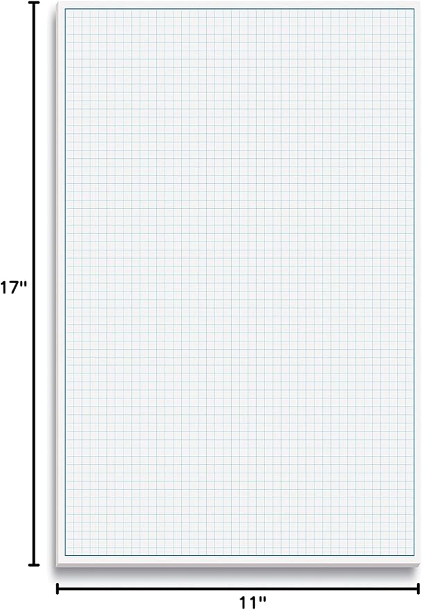 Graph Paper Pad, 17" x 11", 50 Sheets, Blue Line Border, Blueprint Paper, Double Sided, White, 4x4 Blue Quad Rule, Easy Tear Sheets, Grid Paper, Graph Paper by Better Office Products