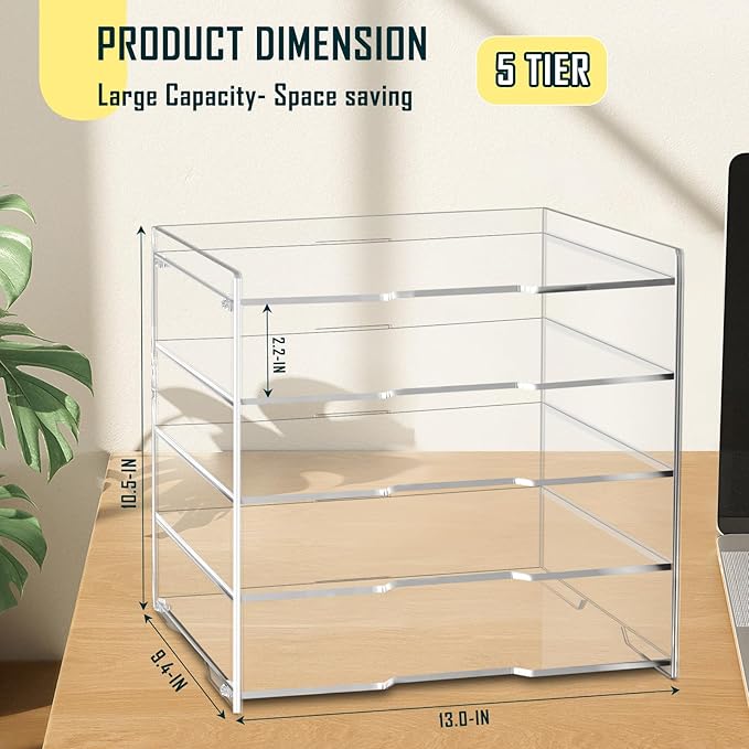 KKU File Paper Organizer, 5 Tier Clear Acrylic Desk Organizer Letter Tray Desk Tray, Desk File Organizer Paper Tray File Holder for Organizing Office Desk Organizers and Accessories
