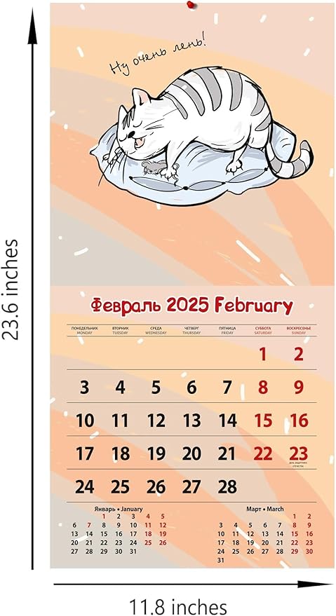 Wall calendar Lazy calendar for 2025, Size: 11.8 x 11.8 inches (Size: 23.6 x 11.8 inches if it is open) in the English and Russian languages.