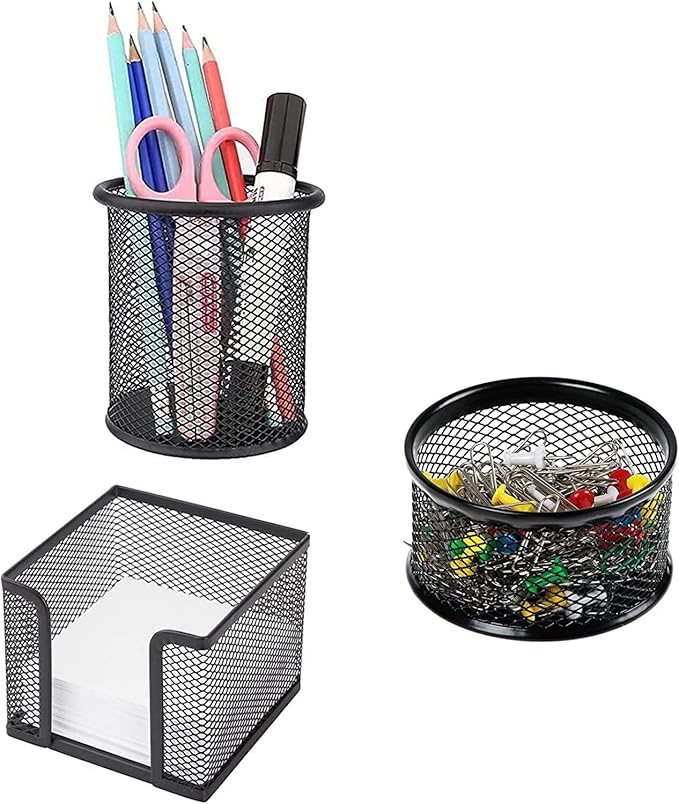 Pen Holder Desktop Pencil Organizer Metal Mesh Pen Cup Paper Clip Holder Memo Pad Holder Stationary Organizer for Desk 3 Pieces of a Set