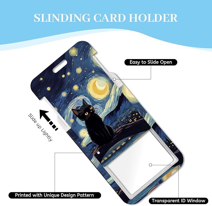 Black Cat Lanyards for Id Badges, Starry Night Badge Holder with Retractable Reel Clip, Work Name Tags Keychain Lanyard with ID Holder, ID Card Protector for Women Teacher Nurse Doctor Office