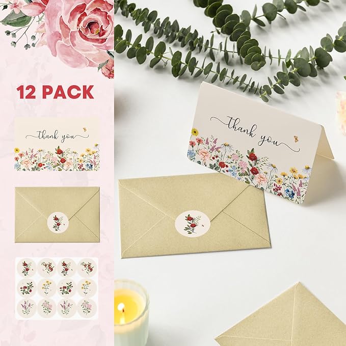 Artoid Mode 12 Pack Wildflower Thank You Cards Vintage Flower Greeting Cards Gift With Envelope Sticker Blank Note Cards for Birthday Wedding Baby Shower Bridal Shower, 4 x 6 Inch