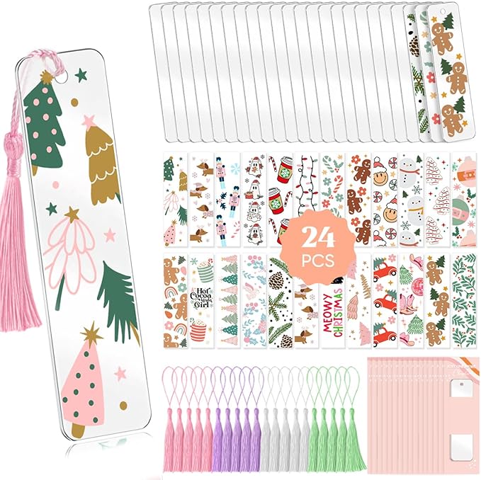 48PCS Bookmark Making Kit, 24 Acrylic Bookmark Blanks with 24Pcs Tassels, 24UV Stickers about Christmas Theme, DIY Blank Bookmarks Waterproof UV DTF Transfers Stickers for Clear Bookmarks DIY Projects